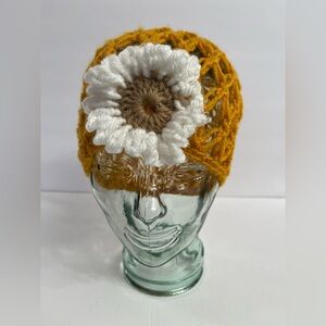 Yellow Crochet Hat with White Flower